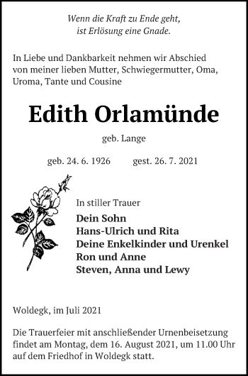 Traueranzeige von Edith Orlamünde von Strelitzer Zeitung