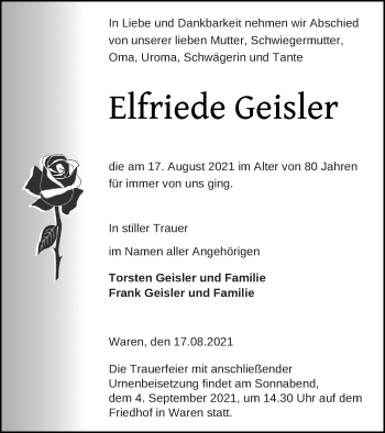 Traueranzeige von Elfriede Geisler von Müritz-Zeitung