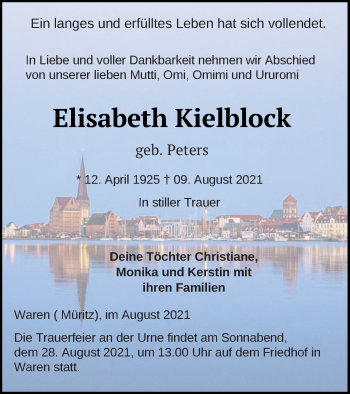 Traueranzeige von Elisabeth Kielblock von Müritz-Zeitung