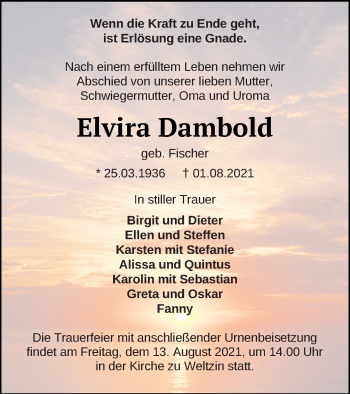 Traueranzeige von Elvira Dambold von Neubrandenburger Zeitung