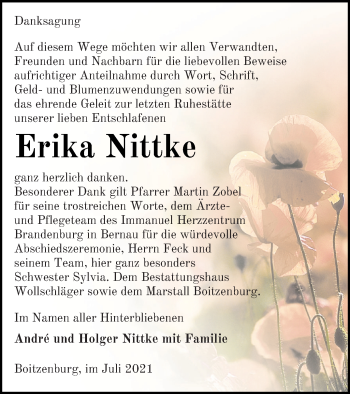 Traueranzeige von Erika Nittke von Templiner Zeitung