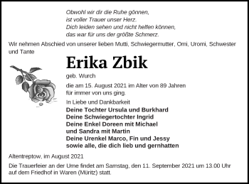 Traueranzeige von Erika Zbik von Mecklenburger Schweiz