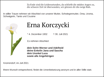 Traueranzeige von Erna Korczycki von Neubrandenburger Zeitung