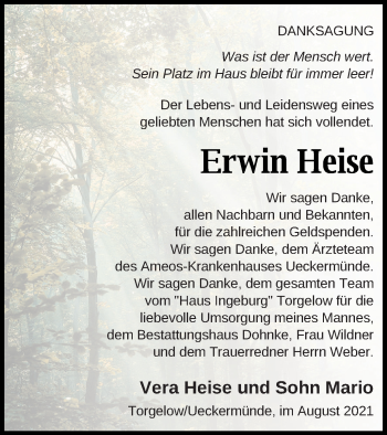 Traueranzeige von Erwin Heise von Haff-Zeitung