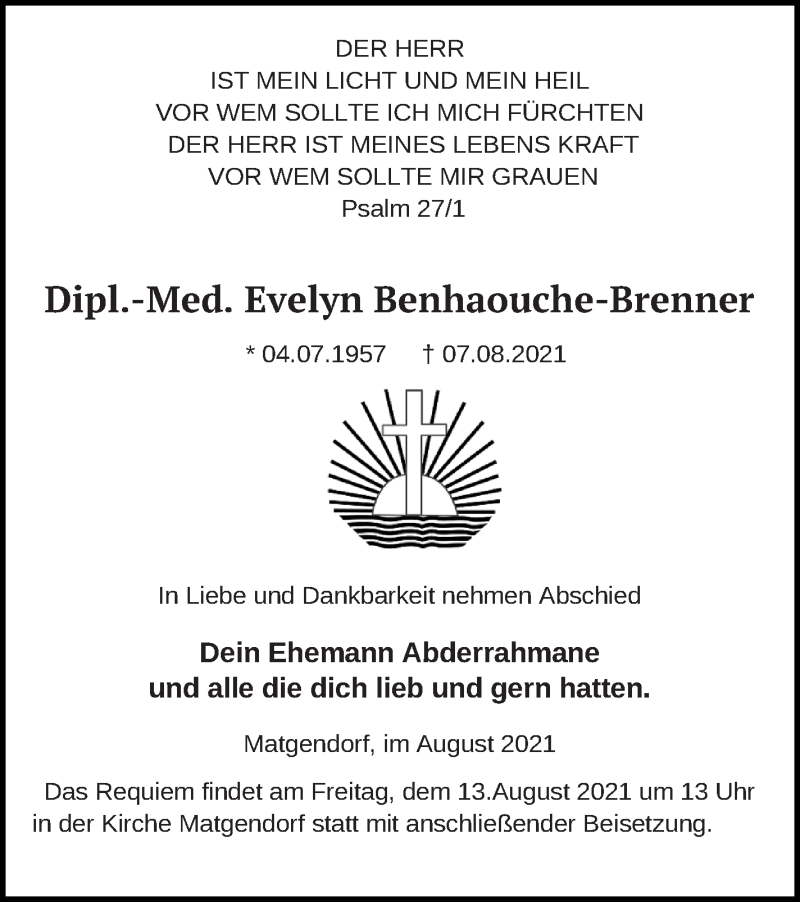  Traueranzeige für Evelyn Benhaouche-Brenner vom 11.08.2021 aus Mecklenburger Schweiz