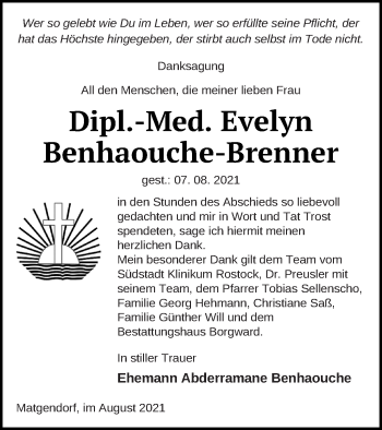 Traueranzeige von Evelyn Benhaouche-Brenner von Mecklenburger Schweiz