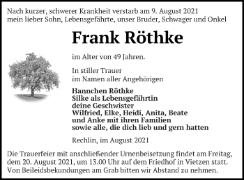 Traueranzeige von Frank Röthke von Müritz-Zeitung