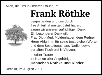 Traueranzeige von Frank Röthke von Müritz-Zeitung