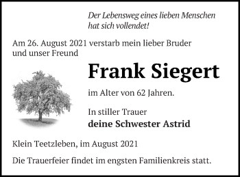 Traueranzeige von Frank Siegelt von Neubrandenburger Zeitung