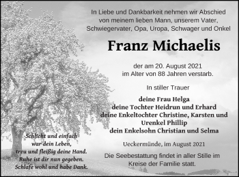Traueranzeige von Franz Michaelis von Haff-Zeitung
