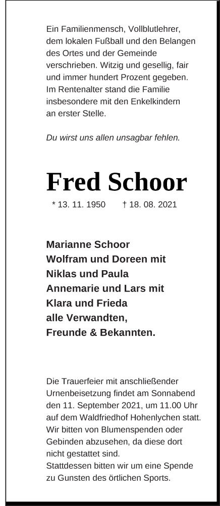  Traueranzeige für Fred Schoor vom 27.08.2021 aus Strelitzer Zeitung