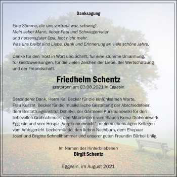 Traueranzeige von Friedhelm Schentz von Haff-Zeitung