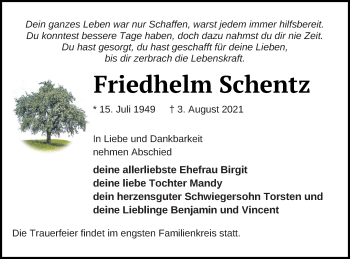 Traueranzeige von Friedhelm Schentz von Haff-Zeitung