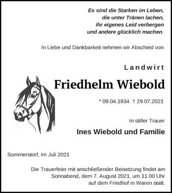 Traueranzeige von Friedhelm Wiebold von Müritz-Zeitung