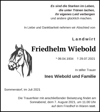 Traueranzeige von Friedhelm Wiebold von Vorpommern Kurier