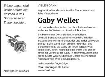 Traueranzeige von Gaby Weller von Strelitzer Zeitung