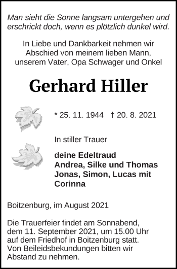 Traueranzeige von Gerhard Hiller von Templiner Zeitung