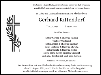 Traueranzeige von Gerhard Kittendorf von Strelitzer Zeitung