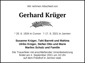 Traueranzeige von Gerhard Krüger von Vorpommern Kurier