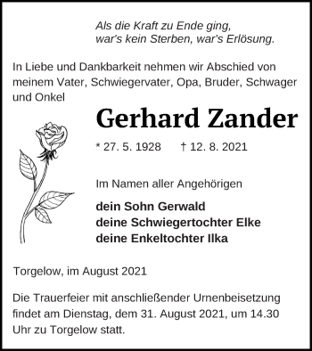 Traueranzeige von Gerhard Zander von Haff-Zeitung