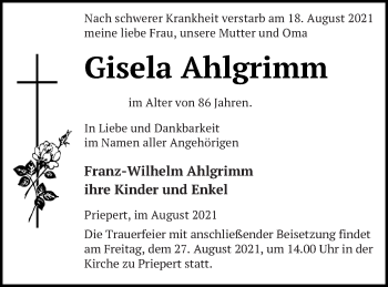 Traueranzeige von Gisela Ahlgrimm von Strelitzer Zeitung