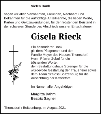 Traueranzeige von Gisela Rieck von Templiner Zeitung