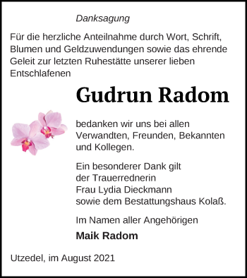 Traueranzeige von Gudrun Radom von Demminer Zeitung