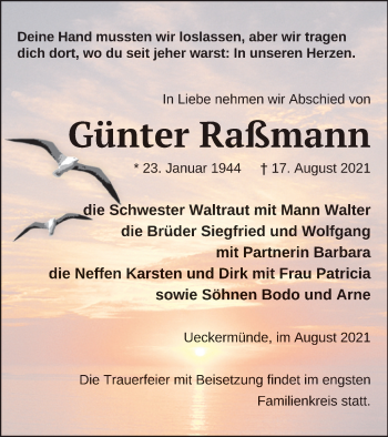 Traueranzeige von Günter Raßmann von Haff-Zeitung