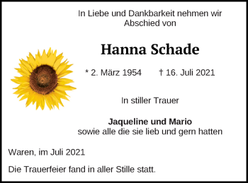 Traueranzeige von Hanna Schade von Müritz-Zeitung