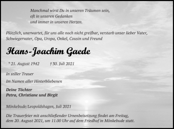 Traueranzeige von Hans-Joachim Gaede von Haff-Zeitung