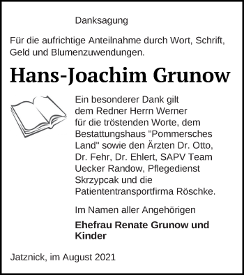 Traueranzeige von Hans-Joachim Grunow von Pasewalker Zeitung