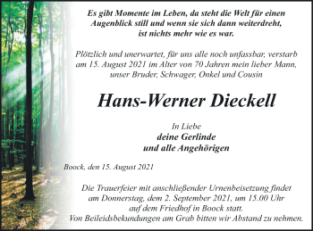 Traueranzeige von Hans-Werner Dieckell von Pasewalker Zeitung