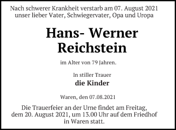 Traueranzeige von Hans-Werner Reichstein von Müritz-Zeitung