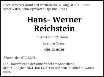 Traueranzeige von Hans-Werner Reichstein von Müritz-Zeitung