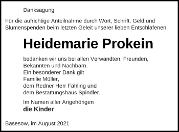 Traueranzeige von Heidemarie Prokein von Mecklenburger Schweiz