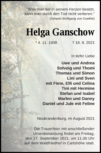 Traueranzeige von Helga Ganschow von Neubrandenburger Zeitung