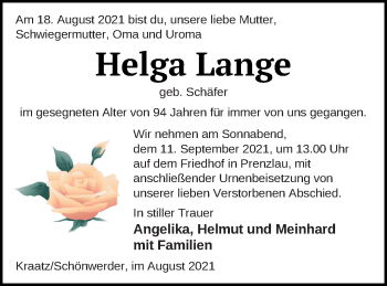 Traueranzeige von Helga Lange von Prenzlauer Zeitung