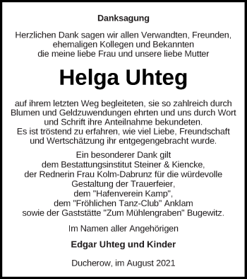 Traueranzeige von Helga Uhteg von Vorpommern Kurier