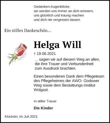 Traueranzeige von Helga Will von Müritz-Zeitung