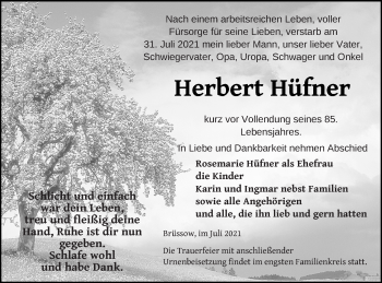 Traueranzeige von Herbert Hüfner von Prenzlauer Zeitung