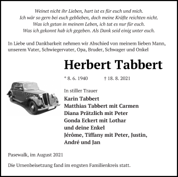 Traueranzeige von Herbert Tabbert von Haff-Zeitung