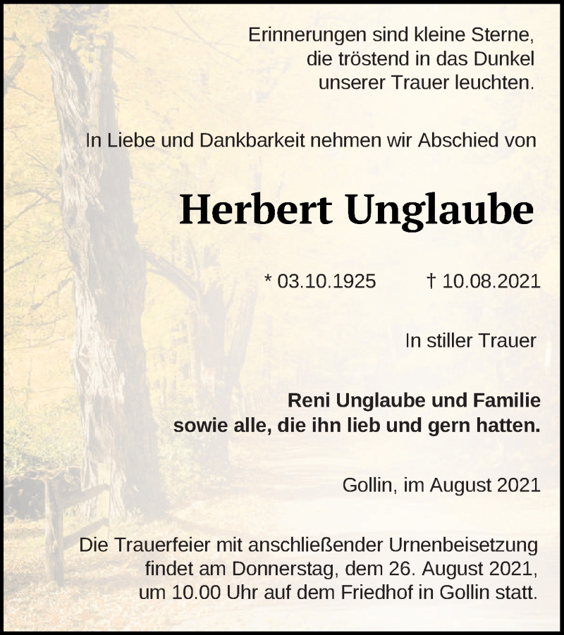  Traueranzeige für Herbert Unglaube vom 13.08.2021 aus Templiner Zeitung