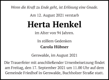 Traueranzeige von Herta Henkel von Templiner Zeitung