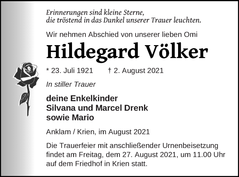  Traueranzeige für Hildegard Völker vom 14.08.2021 aus Vorpommern Kurier