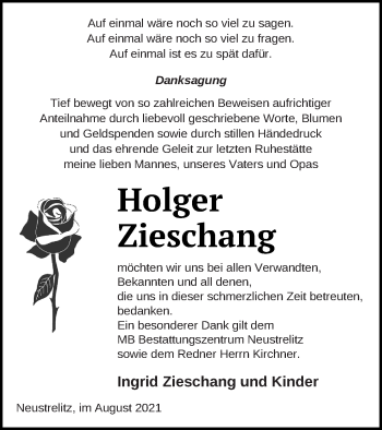 Traueranzeige von Holger Zieschang von Strelitzer Zeitung