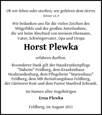 Traueranzeige von Horst Plewka von Strelitzer Zeitung