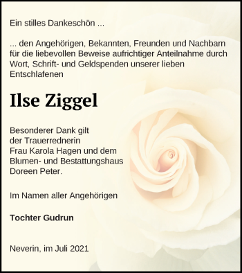 Traueranzeige von Ilse Ziggel von Neubrandenburger Zeitung