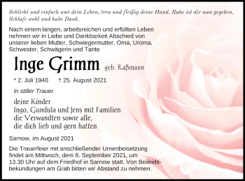 Traueranzeige von Inge Grimm von Vorpommern Kurier