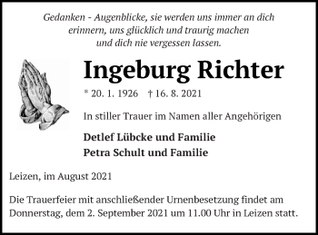 Traueranzeige von Ingeburg Richter von Müritz-Zeitung