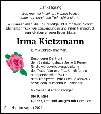 Traueranzeige von Irma Kietzmann von Prenzlauer Zeitung